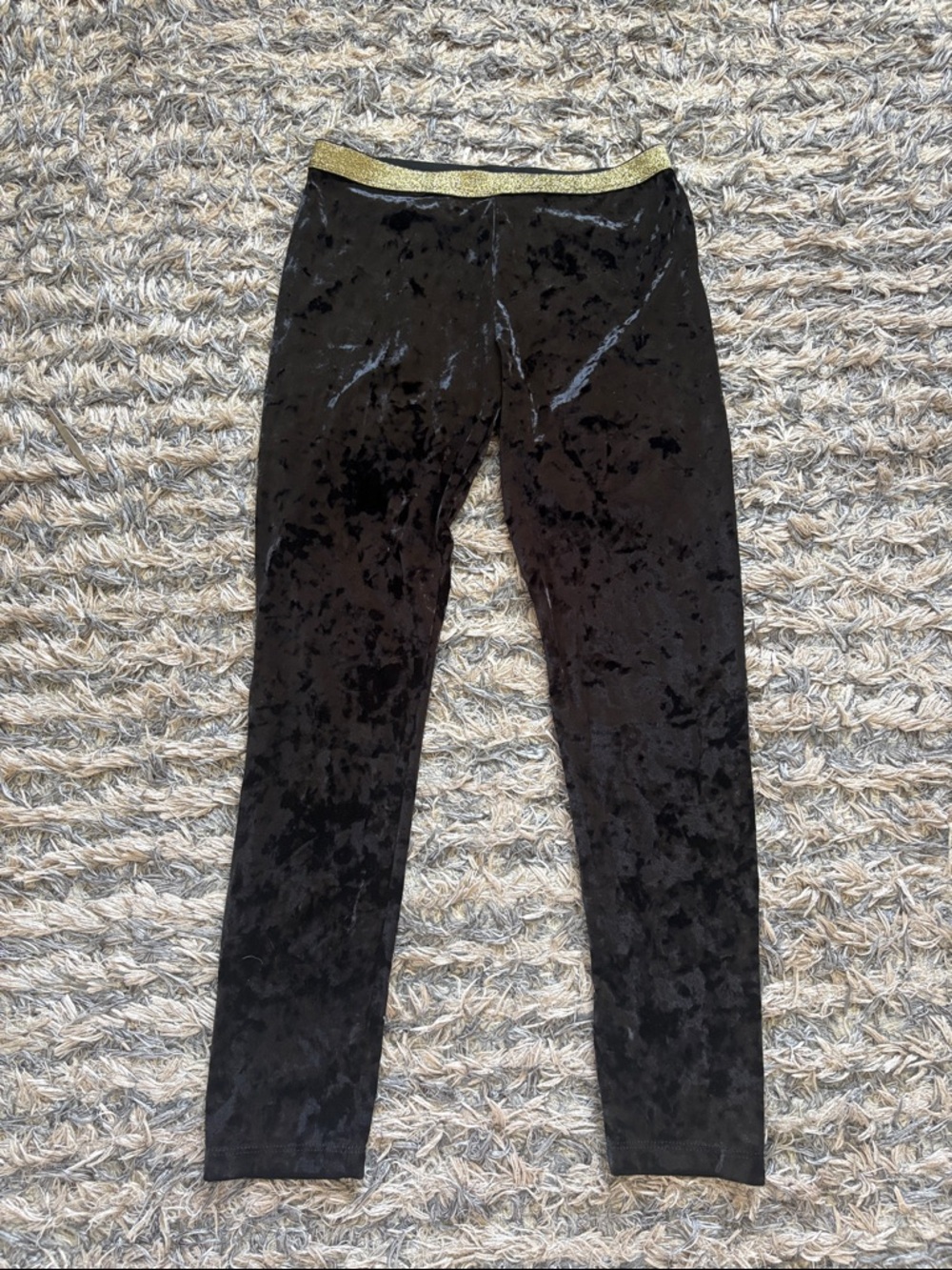 Black Velvet Leggings with Gold Elastic Waistband New